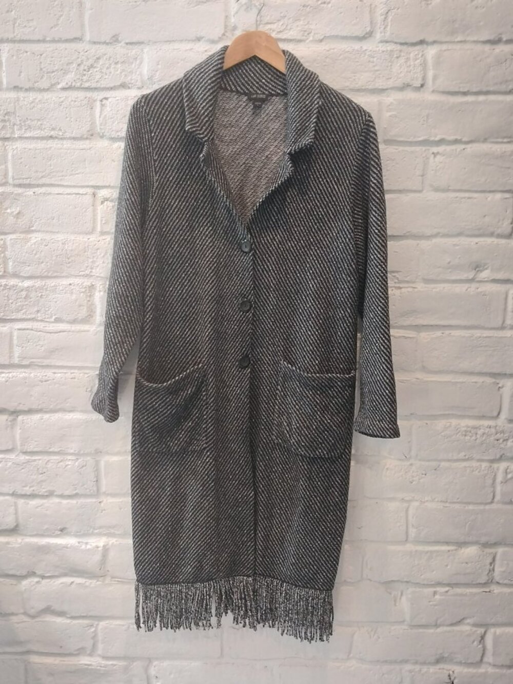 J. Jill Longline Cardigan Womens L Black Gray Sweater Coat Black Fringe Coatigan